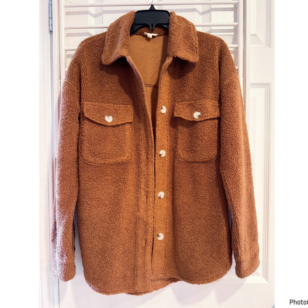 Hem & Thread Brown Teddy Bear High Pile Sherpa Long Shacket Women's Size Small